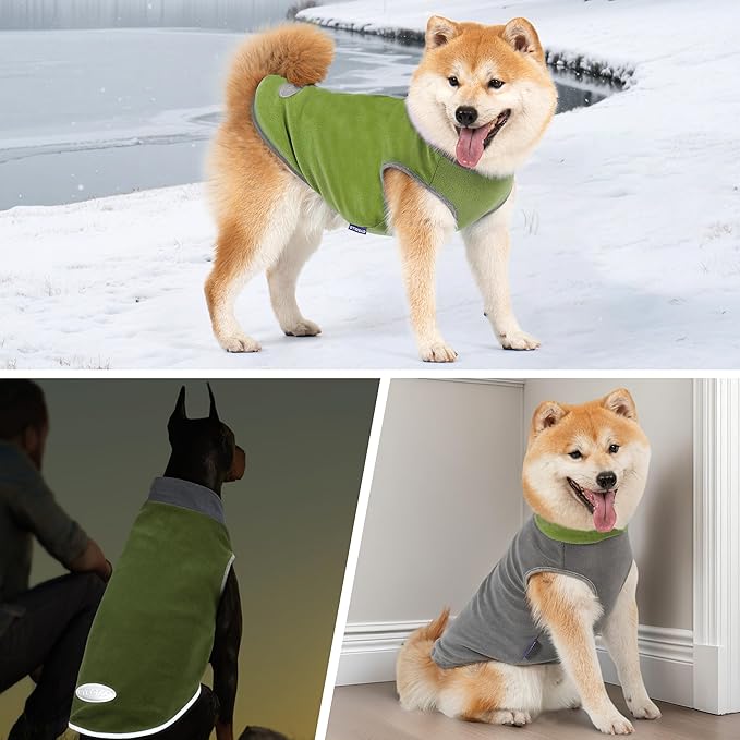 cyeollo 2 Pack Dog Sweater Fleece Vest Dog Sweatshirt Reflective Lightweight Clothes for Small Dogs Boy Girl Pet Apparel Grass Green, Grey, S