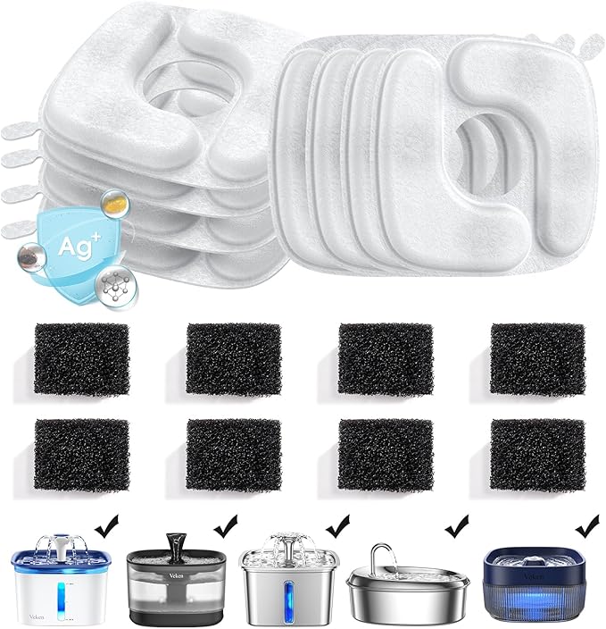 Veken Cat Water Fountain Filters, 8 Pack Replacement Filters & 8 Pack Replacement Pre-Filter Sponges Set for 50oz, 84oz, 95oz Automatic Pet Fountain Dog Water Dispenser