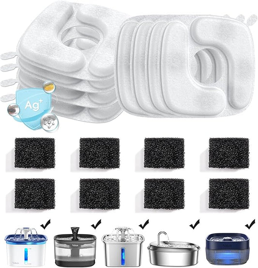 Veken Cat Water Fountain Filters, 8 Pack Replacement Filters & 8 Pack Replacement Pre-Filter Sponges Set for 50oz, 84oz, 95oz Automatic Pet Fountain Dog Water Dispenser