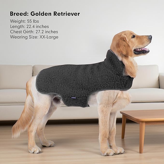 cyeollo 2XL Dog Coat, Sherpa Winter Dogs Sweater Warm Fleece Doggie Coats Turtleneck Reversible Jackets for Small Medium Large Dogs with Leash Hole, Soft Cold Weather Vest, Dark Grey XXL