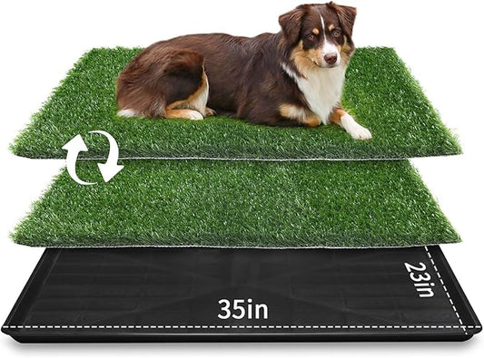LOOBANI Large Dog Grass Pad with Tray - 35x23in Dog Litter Box with 2-Pack Replacement Artificial Grass Puppy Training Pads - Potty Tray for Balcony Apartment Indoor Outdoor Use