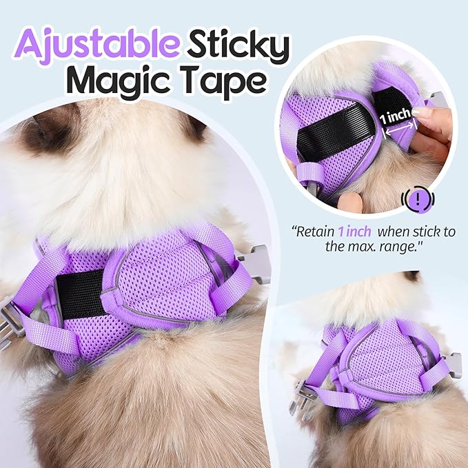 Dooradar Cat Harness and Leash Set, Escape Proof Lightweight Kitten Harness, Soft Breathable Reflective Vest for Outdoor Walking Traveling, Adjustable for Small Cats, Grey & Purple, S