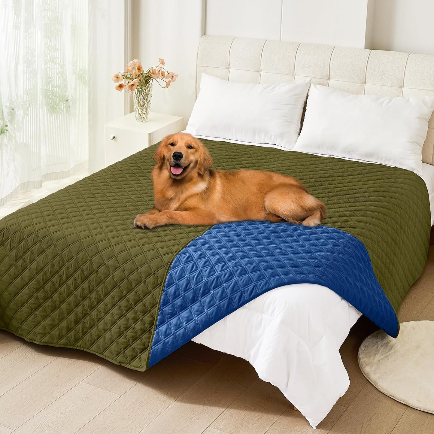 Smiry Waterproof Dog Bed Cover Pet Blanket, Soft Washable Dog Blanket for Furniture Bed Couch Sofa Reversible, Checkered (82"x82", Green/Navy)