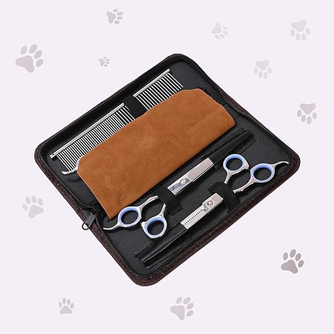 Dog Grooming Scissors Kit - Best Tools for Goldendoodles, Poodles & Doodles - Straight, Curved & Thinning Shears - Golden Doodle Grooming Kit - Professional Grade Steel, 4 Pc Set (Long Silver)