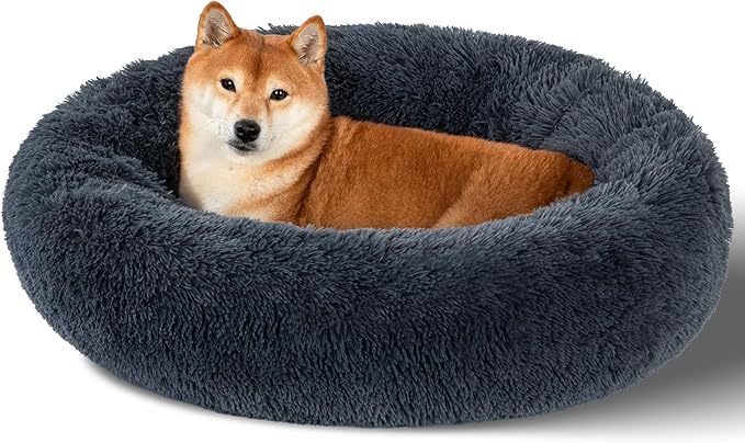 Dog Calming Beds for Small Medium Large Dogs - Round Donut Washable Puppy Dog Bed, Anti-Slip Faux Fur Fluffy Donut Cuddle Anxiety Cat Pet Bed(32" Dark Grey)