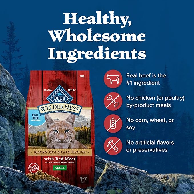 Blue Buffalo Wilderness Adult Dry Cat Food, Rocky Mountain Recipe, Chicken-Free & Grain-Free Recipe Made with Natural Ingredients, Red Meat, 4-lb Bag