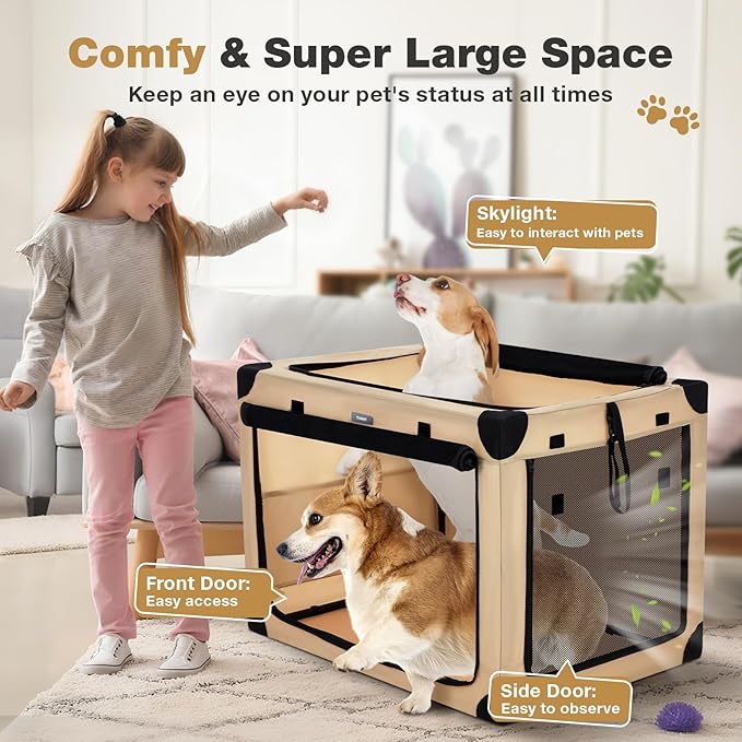 32 Inch Collapsible Travel Dog Crate for Medium Large Dogs, Portable 4-Door Foldable Soft Kennel with Mat and Durable Mesh Windows for Car & Outdoor, with Storage Bag