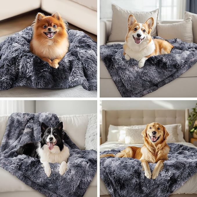 Luciphia Large Waterproof Dog Blanket Pet Washable Liquid Proof Furniture Protector Medium Shaggy Plush Calming Long Faux Fur Bed Cover for Couch Cat Blankets Kitten Doggy, Tie-dye Grey, 40" x 50"