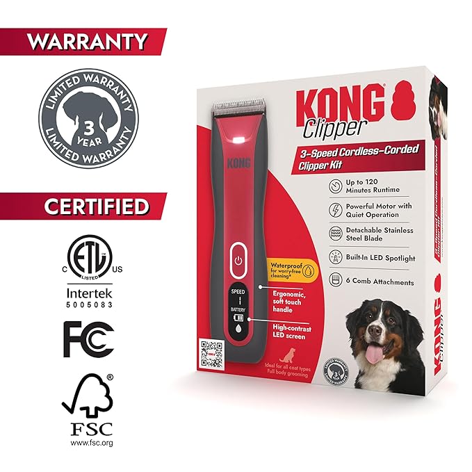KONG 3-Speed Cordless-Corded Dog Clipper Kit – Stainless Steel Blade, Waterproof, LED Spotlight, Use-While-Charging, 6 Guide Combs, Ergonomic Handle – Red/Gray, All Coat Types