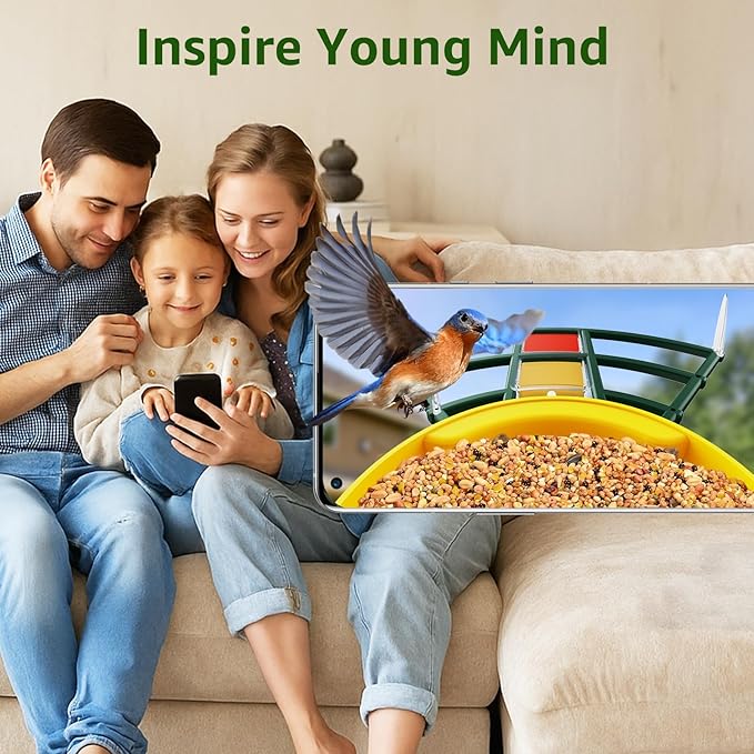 PeckCam® Smart Bird Feeder with Camera 2K HD Auto Detect & Notify, AI Identify 10000+ Birds Camera with Solar Panel 5 Perch Attachments Wireless Outdoor Birdwatching Gift for Birds Lover, Yellow