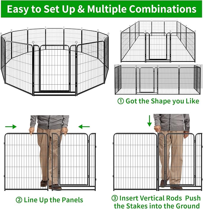 Dog Playpen Outdoor Extra Wide 12 Piece Panels Heavy Duty Anti-Rust Coating-Strengthened Dog Fence 40" Height with Doors Portable for RV Camping Yard, Total 32FT, 79 Sq.ft, Snowy Black