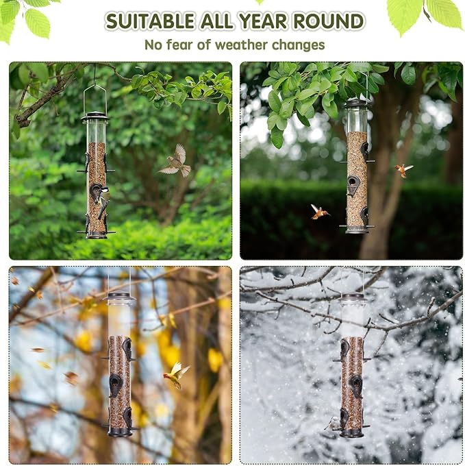 MIXXIDEA Metal Wild Bird Feeders, Squirrel Proof, Hanging 6 Port Tube Transparent Finch Feeders for Attracting Birds in Your Lawn, Garden, Balcony Coffee