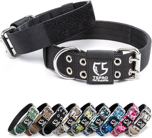 TSPRO Tactical Dog Collar, Adjustable, with Patch & Double Needle Metal Buckle, Heavy Duty for Large to Extra Large Dogs, Durable for Walking, Running, Hiking & Training (Black L-XL)