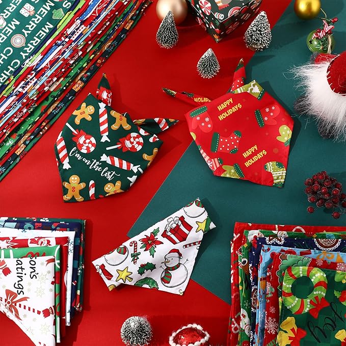 Abbylike 50 Pcs Dog Bandanas Bulk Pet Scarfs Triangle Bibs Adjustable Washable Puppy Kerchief Seasonal Pet Costume Accessories Grooming Supplies for Small Medium Large Dogs Cats(Christmas)
