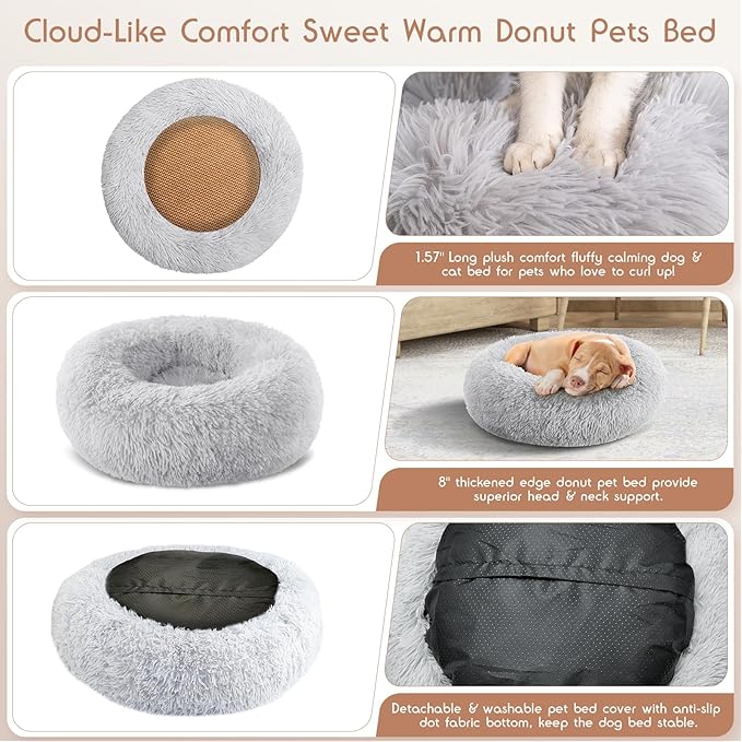 Calming Donut Dog Bed Medium Size Removable Cover + 2 PCS Cooling Rattan Pet Mat, Fluffy Comfort Anti-Anxiety Washable Round Pets Bed with Double-Sided Cool Pad for Medium Dogs/Cat, 31" Gray
