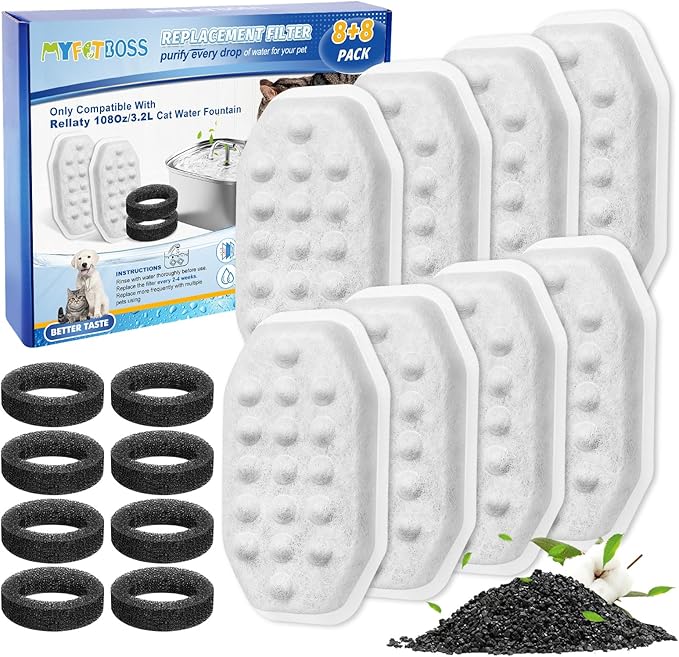 Pet Water Fountain Filters Compatible with Rellaty & Fit for Neareal 108oz/3.2L Automatic Dog Water Dispenser, Cat Filters for Bowl, 8+8 Pack