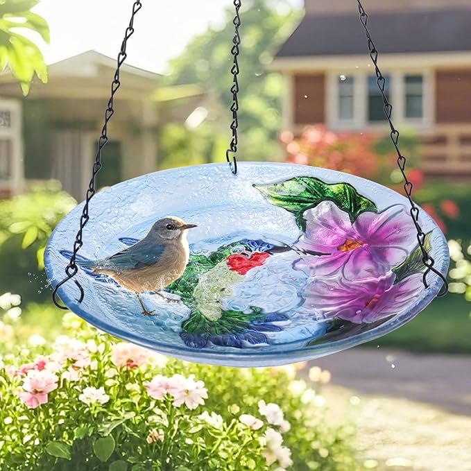 MUMTOP Hanging Bird Baths for Outdoors - Glass Bird Bath, 11 Inch Hanging Bird Bath Hummingbird Bird Feeder Bowl for Outside, Garden, Lawn Yard Decor