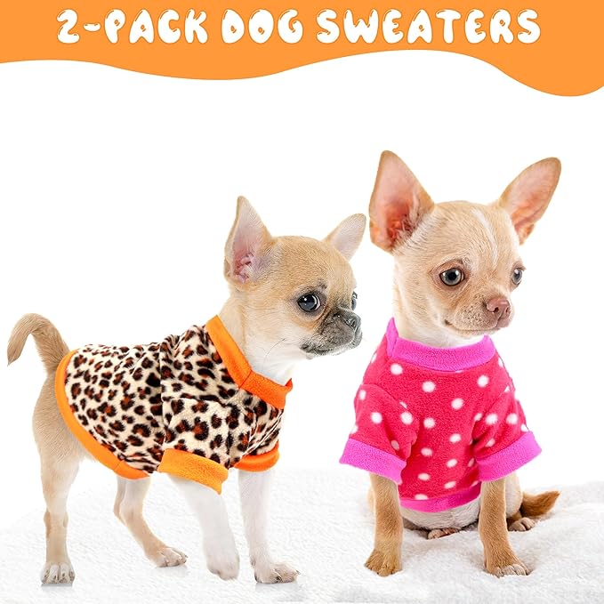 2 Pieces Dog Sweaters for Small Dogs, Fall Winter Fleece Dog Clothes, Soft and Warm Puppy Sweater Doggie Coat for Winter Pet Cloting for Chihuahua Yorkie (Polka dots, Leopard Print, Small)