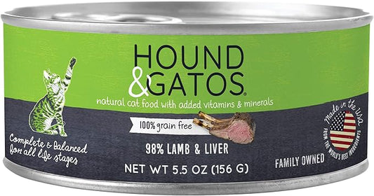 Hound & Gatos Wet Cat Food, 98% Lamb & Liver, Grain Free Pate Cat Food, Real Meat, High Protein, Limited Ingredients, No Additives, 5.5 oz. Cans (Pack of 24)