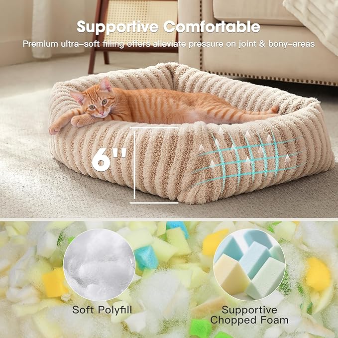 MIXJOY Dog Beds for Small Dogs Cats, Soft Cat Bed for Indoor Cats, Rectangle Pet Bed for Puppy Kitty, Washable Dog Bed with Removable Cover, Anti Slip Bottom, 20"x19"x6", Beige