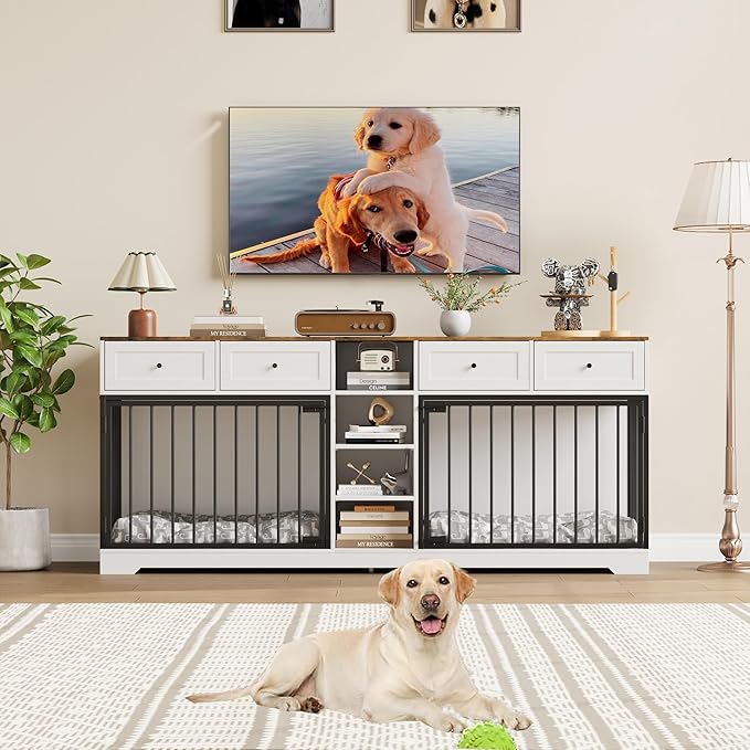 GarveeHome 82" Double Dog Crate Furniture, Large Dog Kennel Indoor for 2 Dogs, Heavy Duty Wooden Dog Crate TV Stand with 4 Drawers and Shelves, White/Brown