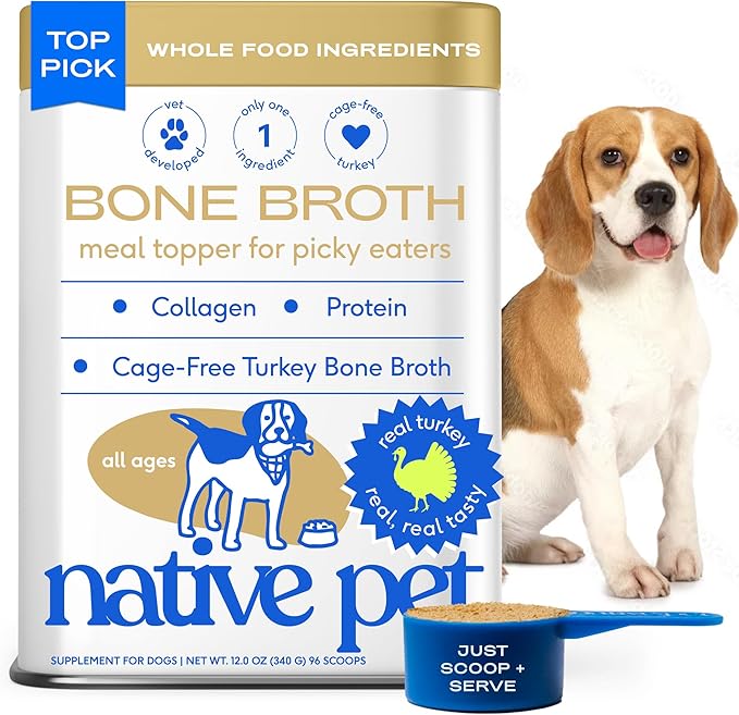 Native Pet Bone Broth for Dogs and Cats - Turkey Bone Broth Powder Dog Food Toppers for Picky Eaters - Provides Extra Nutrition for Joint Strength, Immune Support & Heart Health - 96 Scoops