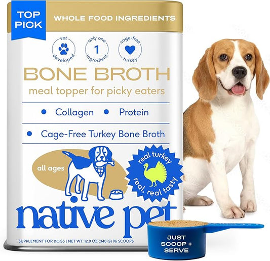 Native Pet Bone Broth for Dogs and Cats - Turkey Bone Broth Powder Dog Food Toppers for Picky Eaters - Provides Extra Nutrition for Joint Strength, Immune Support & Heart Health - 96 Scoops
