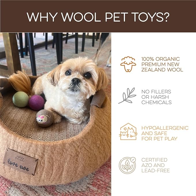 Wool Felt Balls 3 Pack Love Ewe Pet Supplies - 2 in Felted Wool Cat Toys 100% New Zealand Wools Felt Cat Toys Handmade Wools Felts Balls - Cats Felts Ball, Colorful Ball - Cats and Mouse