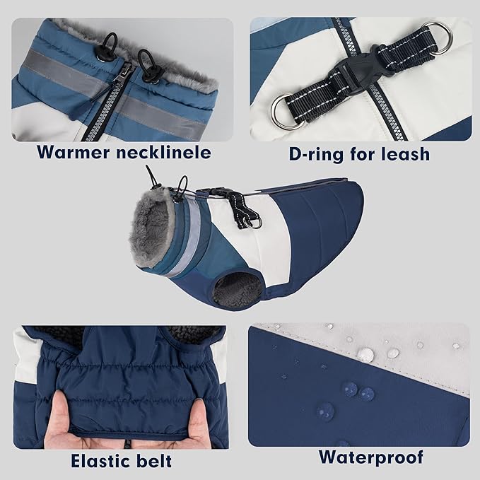 azuza Dog Jacket for Small Dogs Waterproof Dog Coat with Reflective Strips and Harness Built in Warm Fleece Dogs Winter Coat Windproof with Back Zipper, Navy L