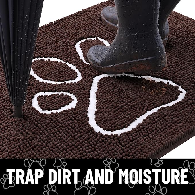 Smiry Dog Door Mat for Muddy Paws, Absorbent Dirt Trapper Non Slip Quick Dry Washable Chenille Mat for Mud Dogs, Entry Rug for Indoor and Outdoor (47x24 Inches, Brown and White)