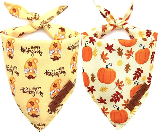 Realeaf Thanksgiving Dog Bandanas 2 Pack, Pumpkins and Happy Thanksgiving Pet Scarf for Boy and Girl, Premium Durable Fabric, Reversible Holiday Bandana for Small and Medium Dogs Pets (Small)