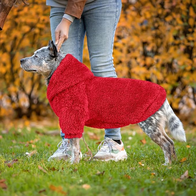Fuzzy Dog Sweaters for Large Dogs Soft Double-Sided Plush Fleece Pet Sweater Clothes Pet Coats Dog Hoodie Sherpa Hooded Sweatshirt(Red-XXL)