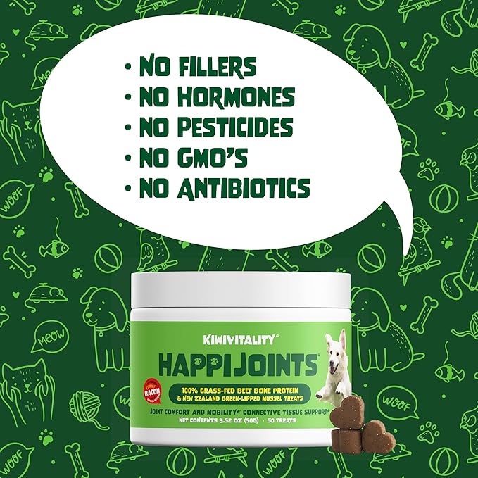 HappiJoints Hip and Joint Supplement Treats for Dogs, Cats • 100% Grass-Fed Beef Bone Collagen New Zealand Green-Lipped Mussels • 50 Treats