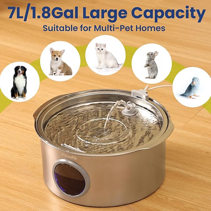 Ultra-Quiet Stainless Steel Dog Water Fountain, 1.8-gal