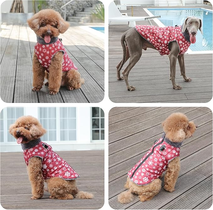 Warm Fleece Dog Coats with Durable Harness Buitl in D-Ring,Waterproof Puppy Jacket for Small Dogs,Dog Vest for Cold Winter,Red,Snow Pattern XS