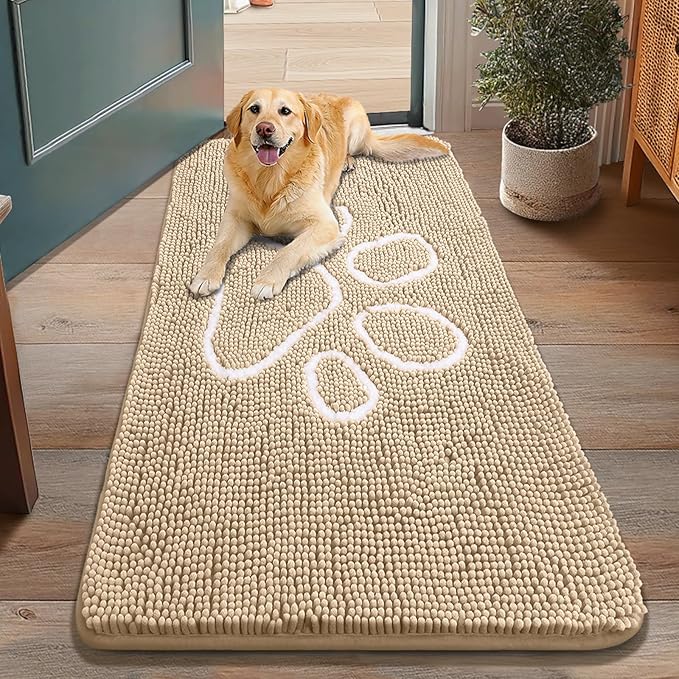 Smiry Dog Door Mat for Muddy Paws, Absorbent Dirt Trapper Non Slip Quick Dry Washable Chenille Mat for Mud Dogs, Entry Rug for Indoor and Outdoor (48x30 Inches, Beige)