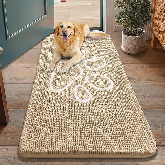 Smiry Dog Door Mat for Muddy Paws, Absorbent Dirt Trapper Non Slip Quick Dry Washable Chenille Mat for Mud Dogs, Entry Rug for Indoor and Outdoor (48x30 Inches, Beige)