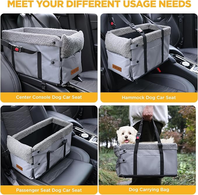 Console Dog Car Seat for Small Dogs,Small Dog Booster Seat for Car Washable Foldable Puppy Car Seat with Safe Protection Hooks Adjustable Straps and Storage Pocket Pet Up to 15lbs