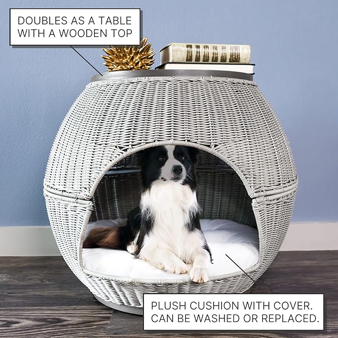 Igloo Indoor Dog Bed & Cat Bed in Smoke, Multipurpose Pet Bed with Table Top, Claw-Proof Faux Rattan is Easy to Clean, Includes Washable & Replaceable Covered Cushion