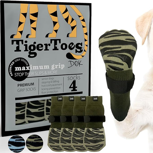 DOK TigerToes Premium Non-Slip Dog Socks for Hardwood Floors - Extra-Thick Grip That Works Even When Twisted - Prevents Licking, Slipping, and Great for Dog Paw Protection (Forest Green, X-Large)