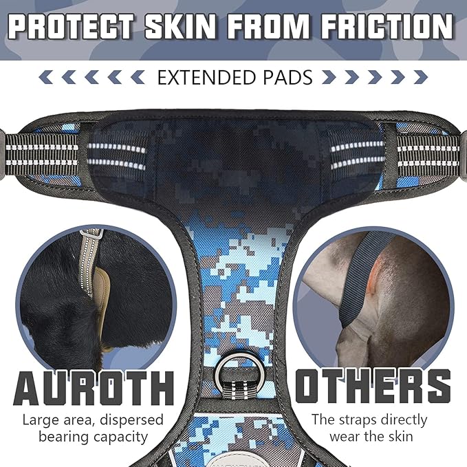 Auroth Tactical Dog Training Harness No Pulling Front Clip Leash Adhesion Reflective K9 Pet Working Vest Easy Control for Small Medium Large Dogs Blue Camo L