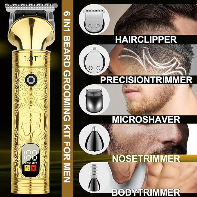 Beard Trimmer for Men, Portable 6 in 1 Hair Clippers,Waterproof Cordless Hair Clipper,Mens Grooming Kit for Mustache Facial Hair, Rechargeable Beard Trimmer Kit, Gifts for Men(Gold)