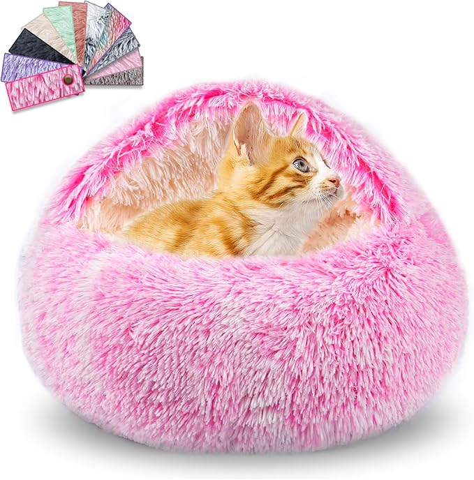 Cat Beds for Indoor Cats,Cat Cave for Puppy and Kitty,Calming Small Dog Bed for Small Dogs with Cover Cave,Cozy Warming Fluffy Washable Anti-Slip Pet Sleeping Bag(24 * 24inch,Pink)