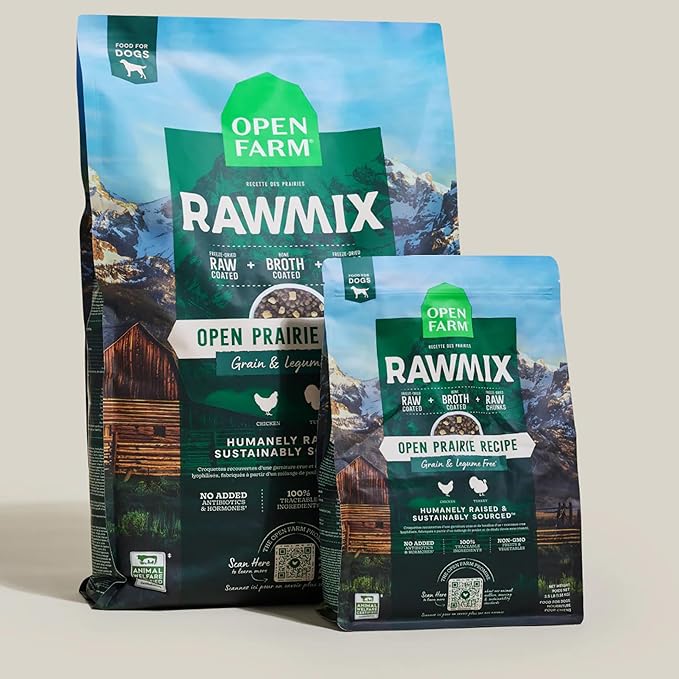 Open Farm, RawMix Grain-Free Dry Dog Food, Protein-Packed Kibble Coated in Bone Broth with Freeze Dried Raw Chunks, Chicken & Turkey, Open Prairie Recipe, 3.5lb Bag