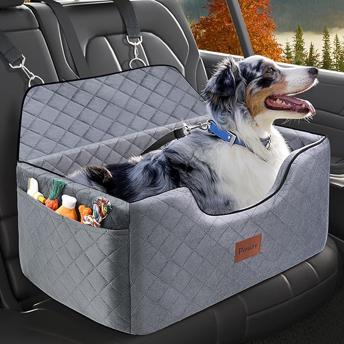 Dog Car Seat for Large-Medium Dogs: Pet Car Seat, Detachable Washable Dog Booster Seat, Pet Travel Bed with Storage Pockets and Dogs Safety Belt (Grey, Large)