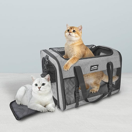 Soft-Sided Large Cat Carrier for 2 Cats, Spacious Foldable Pet Travel Carrier for Large Cats up to 25 Lbs, Double Cat Bag with Shoulder Strap, 20x13x13 Inch, Fits Maine Coon and Small Dogs, Grey
