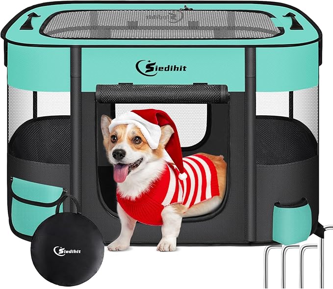 Dog Cat Playpen, Pet Puppy Portable Playpens for Outdoor Travel Crate, Indoor After Surgery Use, Foldable Dog Kennel Tent for Rabbit or Small Animals and Tent Stakes(Green, Middle)