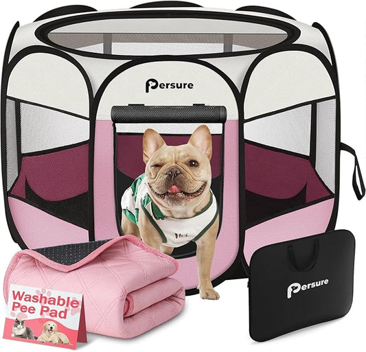 Dog Cat Playpen Indoor Outdoor for Puppy Pet Dogs Cat Recovery After Surgery, Dog Tent Crates Cage Indoor/Outdoor, Portable Pop Up Kennel with Carrying Case for Travel (Pink with Pad, Small)