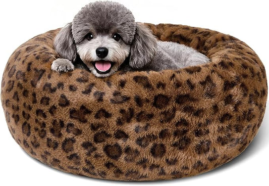 Dog Calming Beds for Small Medium Large Dogs - Round Donut Washable Puppy Dog Bed, Anti-Slip Faux Fur Fluffy Donut Cuddle Anxiety Cat Pet Bed (20" Leopard Print)