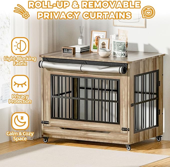 42" Large Dog Crate Furniture, Double Door Wooden Indoor Dog Kennel Furniture, Decorative Pet Cage End Table with Wheels for Large Breed Dogs, Size XL, Rustic Brown